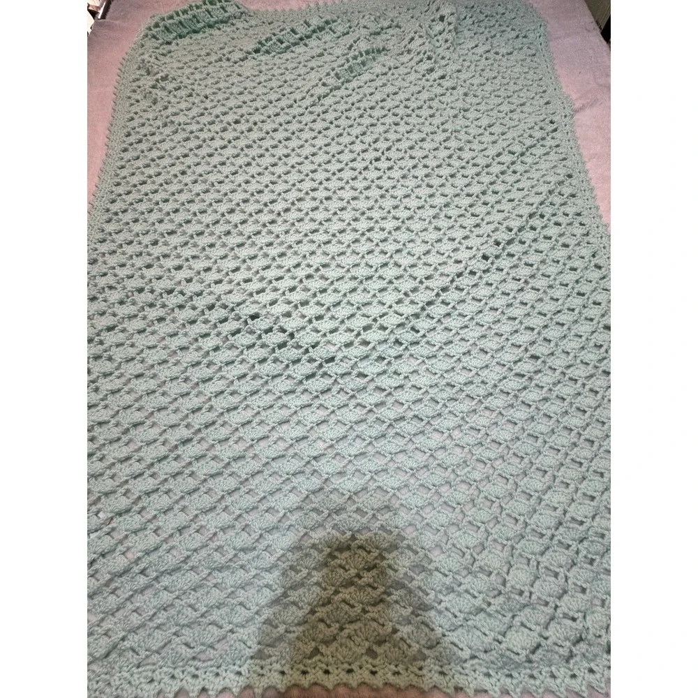 Vintage Aqua Hand Crocheted Soft Knitted Baby Blanket Throw Afghan Unisex 34x44